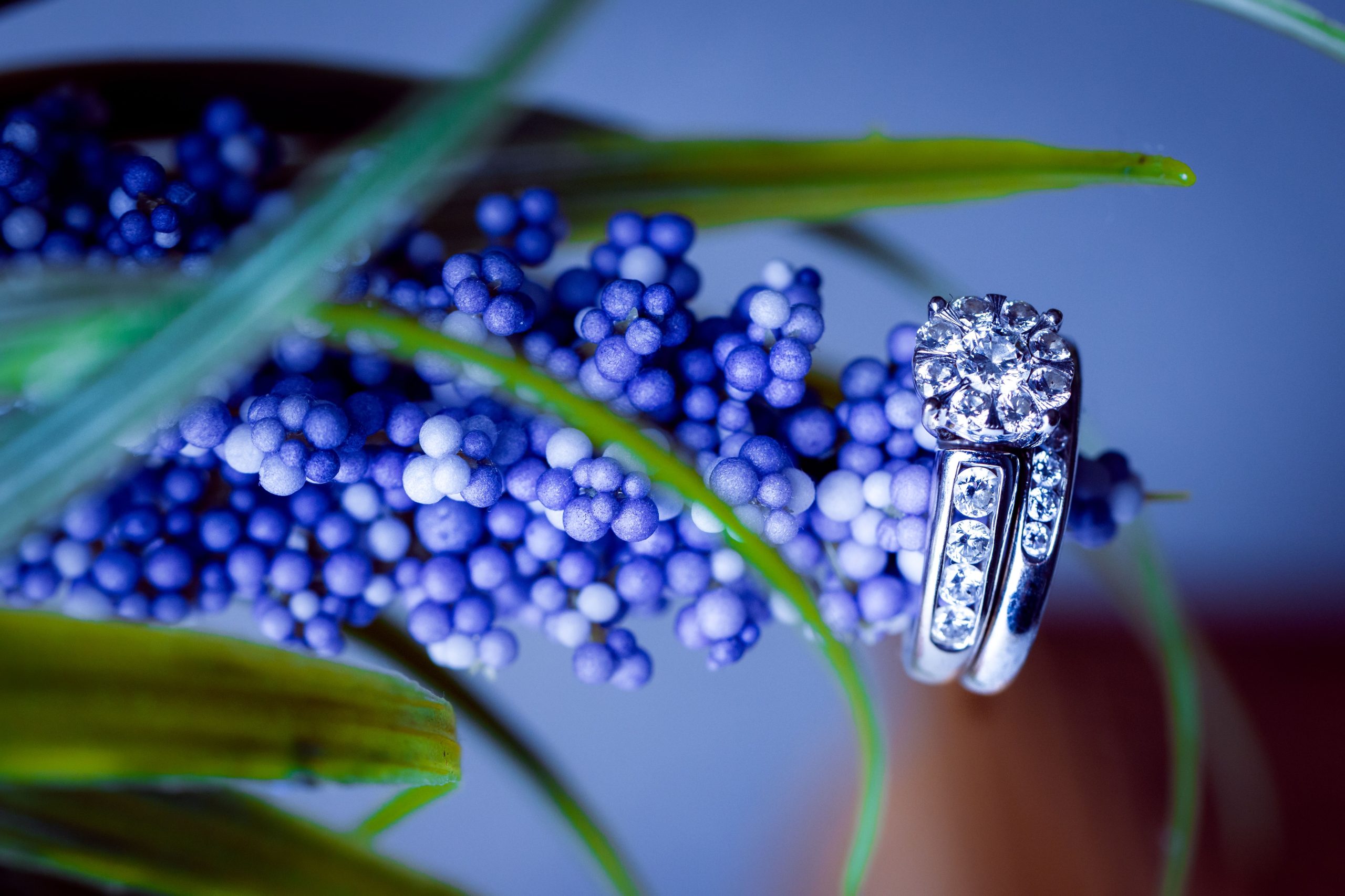 Bague diamant scintillante nichée dans le feuillage bleu